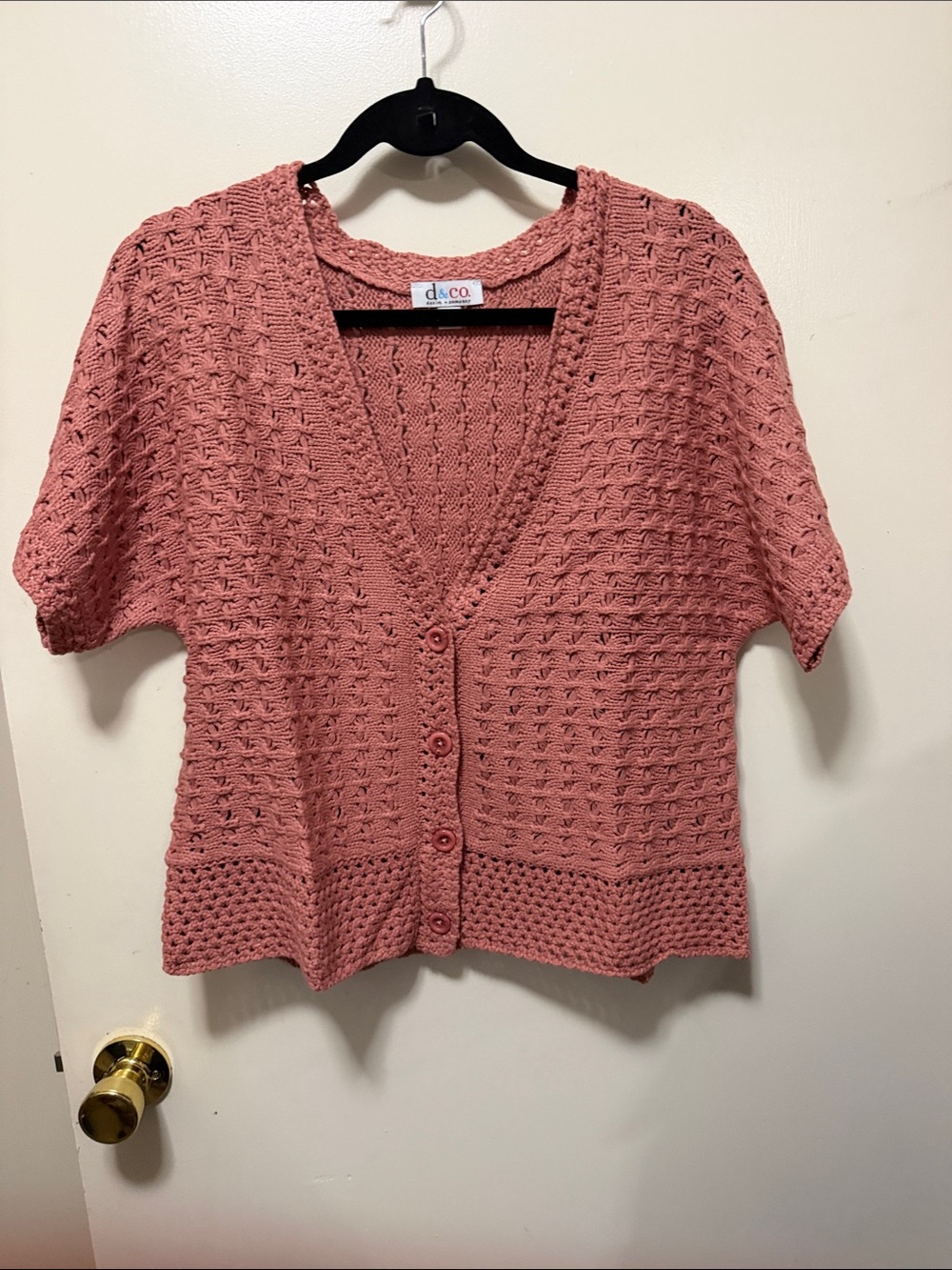 Denim&Co Rose Pink Knit Button-Front Short Sleeve Cardigan